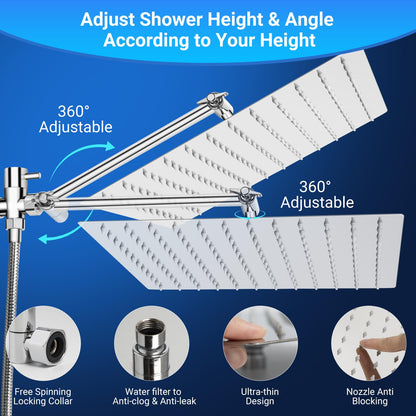 Anysig 10" rain shower head with handheld spray, rainfall shower head with 11" Adjustable Extension Arm, 5 Settings Handheld, Includes Holder/Hose,Built-in Power Wash, Dual Rainfall Shower Head, Chrom