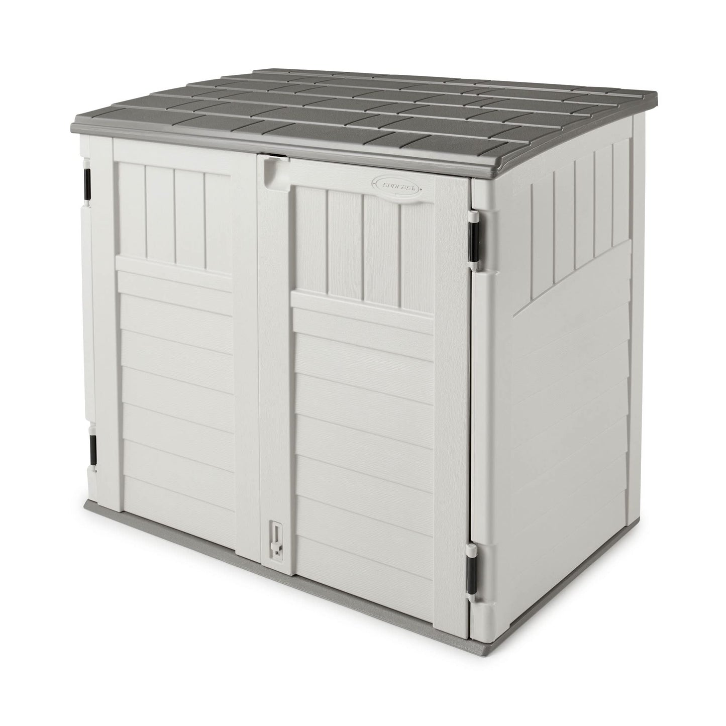 Suncast Horizontal 34 Cubic Feet Plastic Outdoor Storage Shed with Floor and 3 Door Locking System for Backyard, Garage, or Patio Use, Ivory