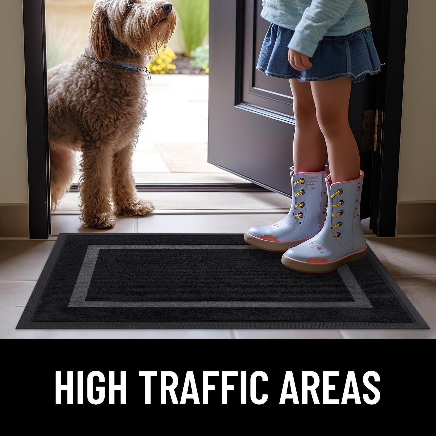 OLANLY Front Door Mat Indoor Outdoor Entrance, Waterproof All-Season, All-Weather Doormat, Durable Natural Rubber, Fade Resistant, Low Profile, Easy Clean Patio Porch Entryway Mat, 29.5x17, Black
