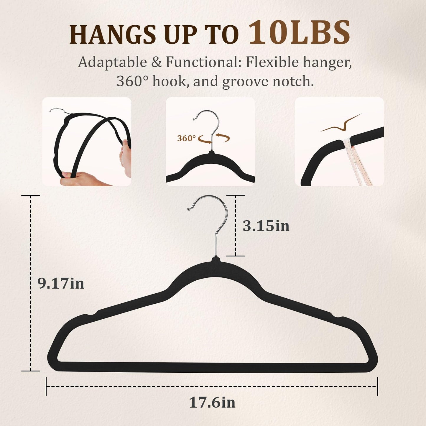 Flysums Premium Velvet Hangers 50 Pack with 10 Bonus Plastic Hangers, Heavy Duty Study Black Hangers for Coats, Pants & Dress - Non Slip Clothes Hanger Set - Space Saving Felt Hangers for Clothing