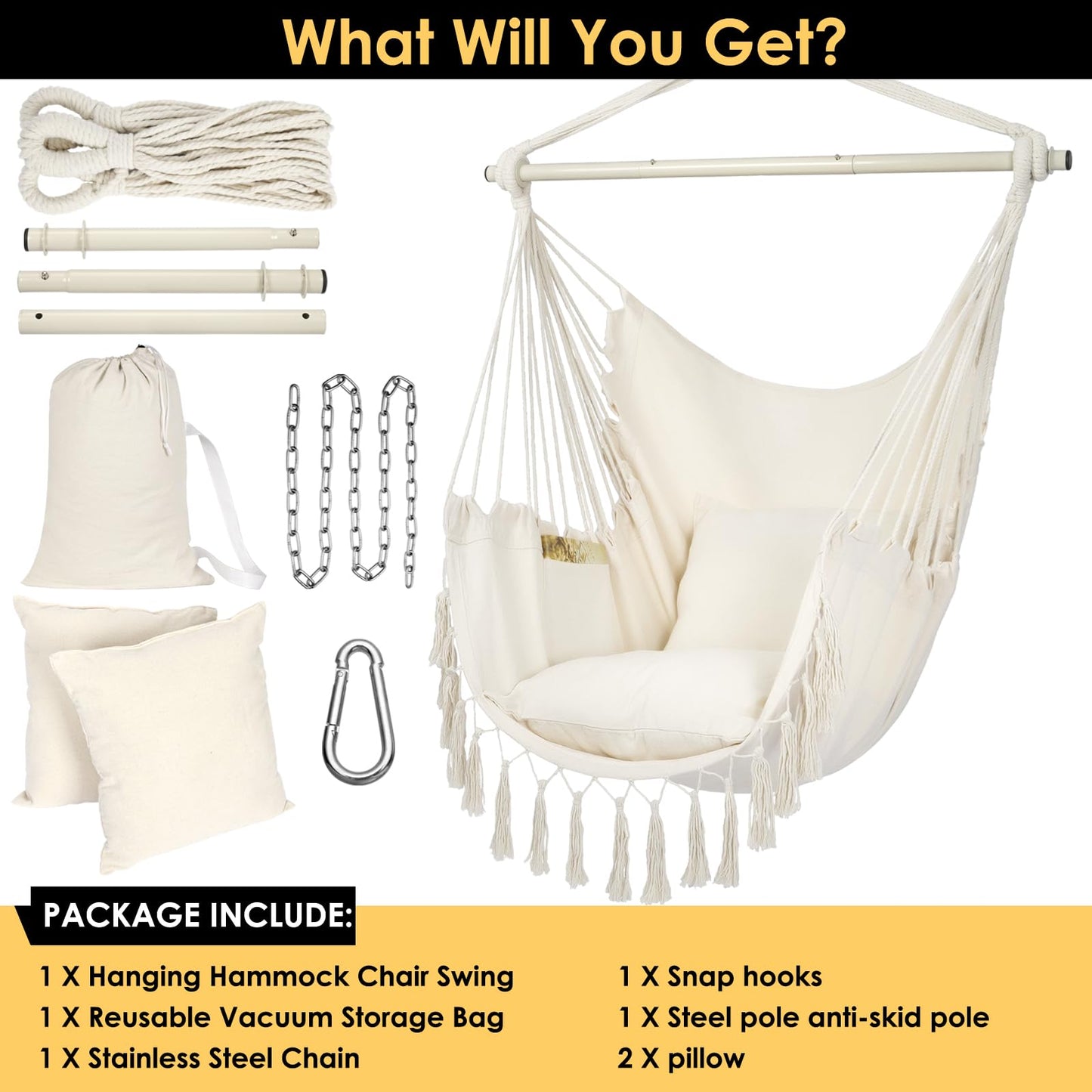 Y- STOP Hammock Chair Hanging Rope Swing, Max 500 Lbs, 2 Cushions Included, Large Macrame Hanging Chair with Pocket for Superior Comfort, with Hardware Kit (Beige)