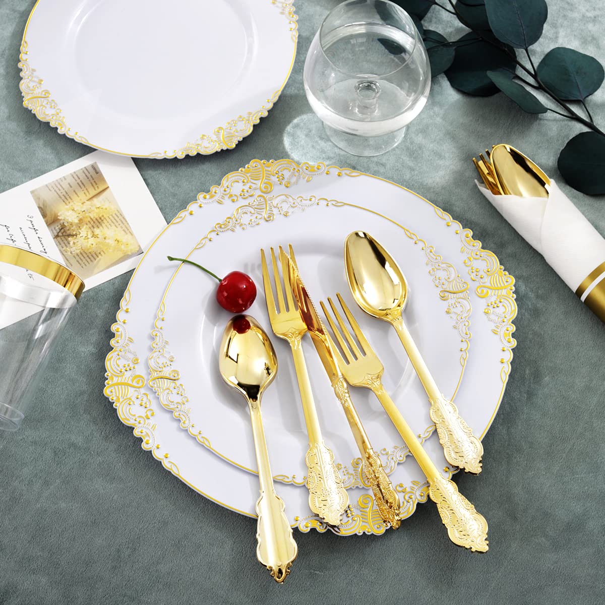 Nervure 350PCS White and Gold Plastic Plates & Pre Rolled Napkins with Plastic Cutlery for 50 Guests-Gold Disposable Plates, 150 Gold Plastic Silverware, 50Cups, 50Napkins for Wedding & Party