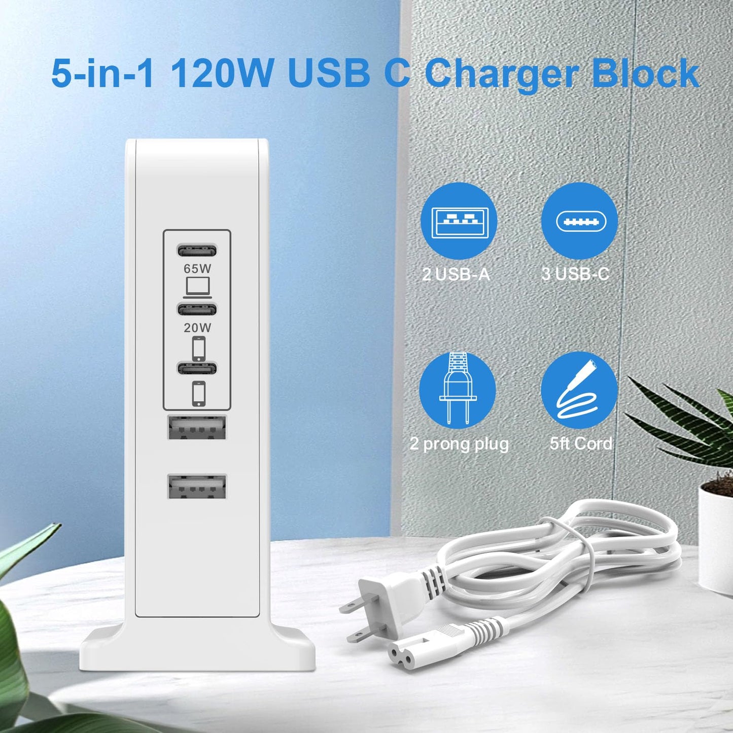 USB C Charger Block 120W, Charging Station for Multiple Devices, USB Charging Block, USB C GaN Fast Charging Hub, 65W USB C Laptop Charger Compatible for MacBook Pro/Air, iPhone, iPad, Samsung