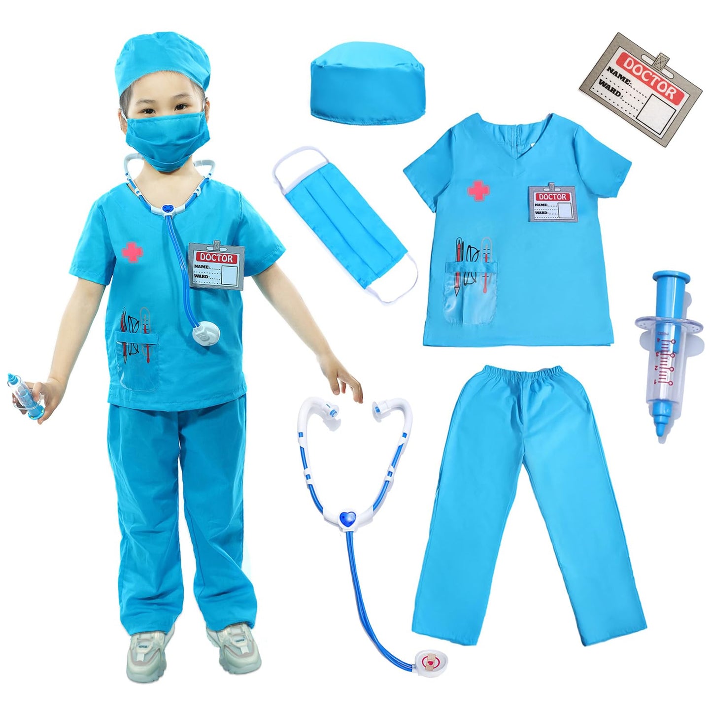 Wbesty Kids Doctor Costume 7pcs Play Kits with Costume and Accessories, Blue 7-9Y