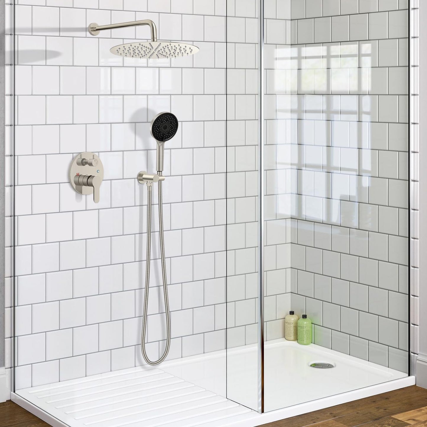 Baetuy 10 Inch Shower Faucet Set, High Pressure Shower Head and Handheld 3 Jet Combo Kit, Bathroom Wall Mount Rain Shower System, Includes Valve and Bathroom Trim Kit, Brushed Nickel…