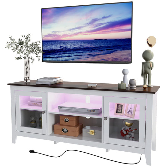 HAIOOU LED TV Stand with Charging Station, Modern Entertainment Center for TV up to 60 Inch, Television Media Console Cabinet with LED Lights, USB-C 18W Super Charge Port - White + Walnut Brown