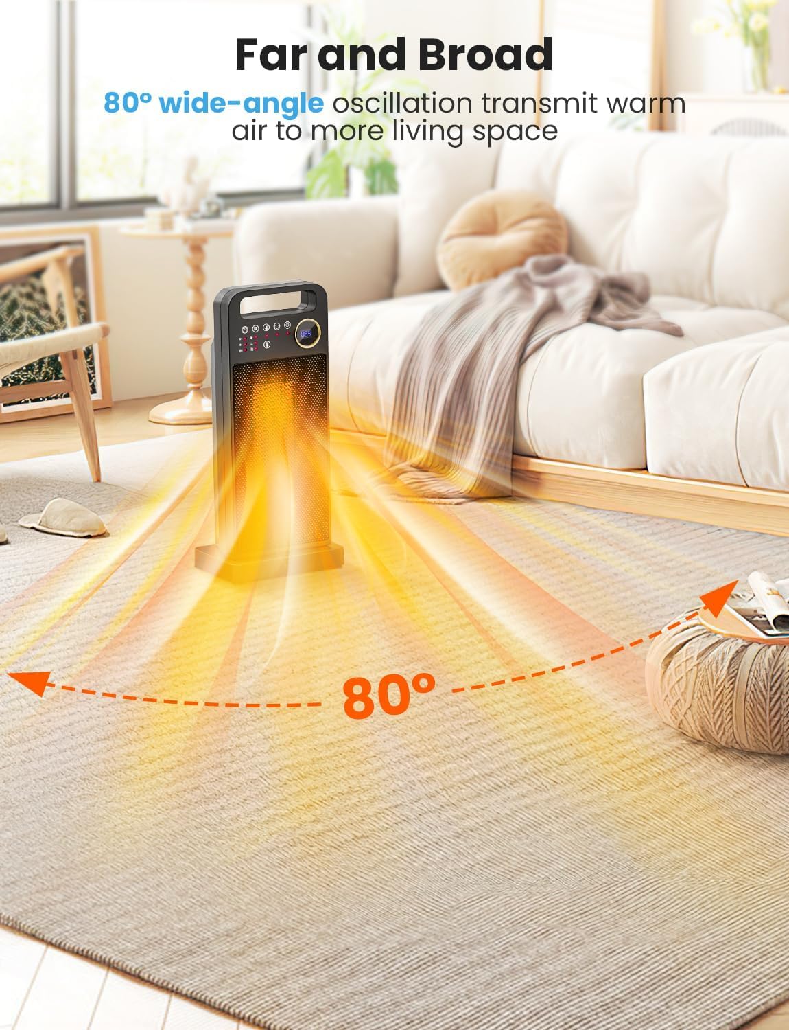 Space Heaters for Indoor Use, Merloly Portable Heater 1500W PTC Ceramic Heater with Thermostat, 80° Oscillating, 5 Modes, 12H Timer, Safety Protection, Electric Heater for Indoor Use, Bedroom, Office