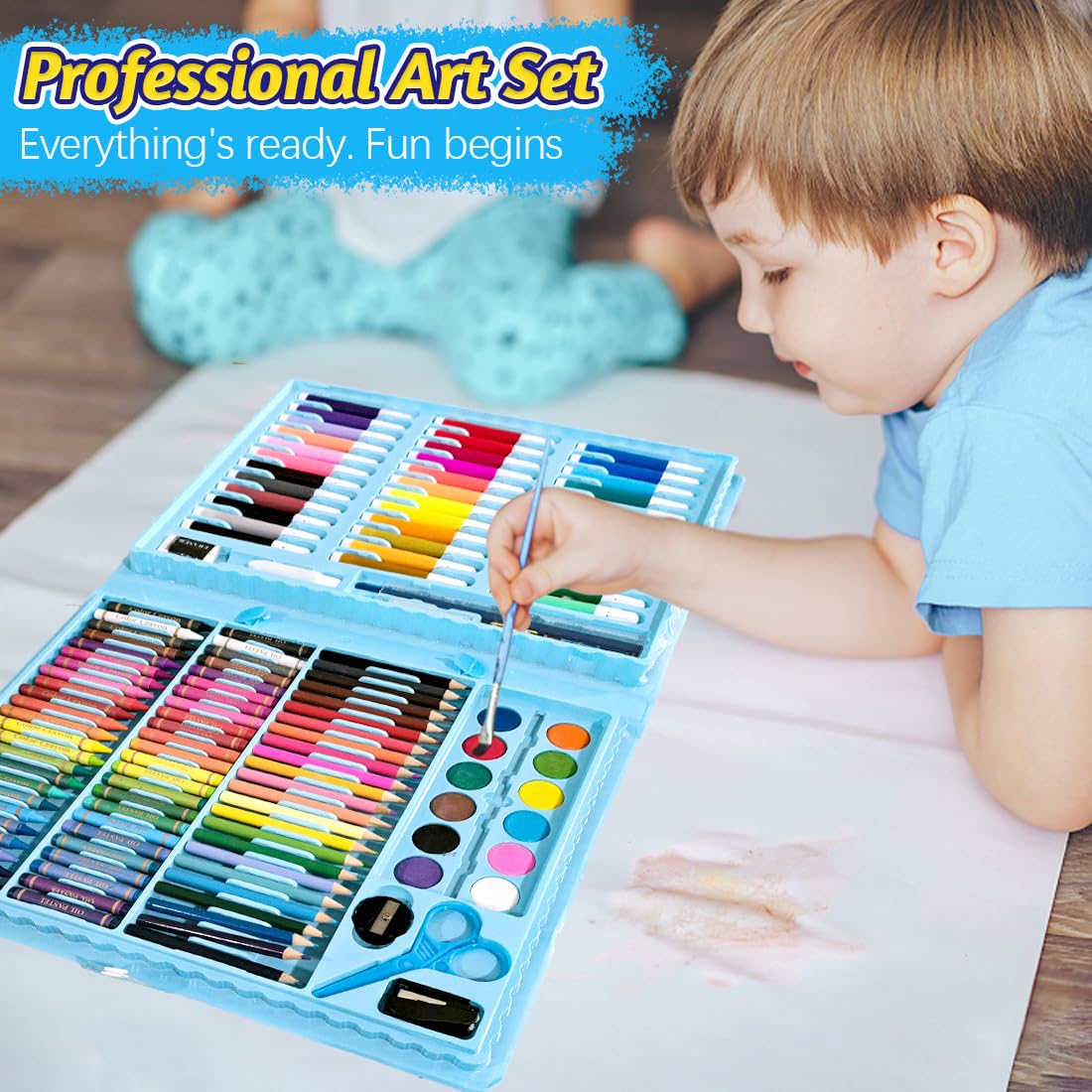 150 PCS Art Supplies Drawing Painting Art for Kids Girls Boys Teens, Art Set Case Includes Oil Pastels, Crayons, Colored Pencils, Watercolor Cakes for Christmas Gifts (Blue)