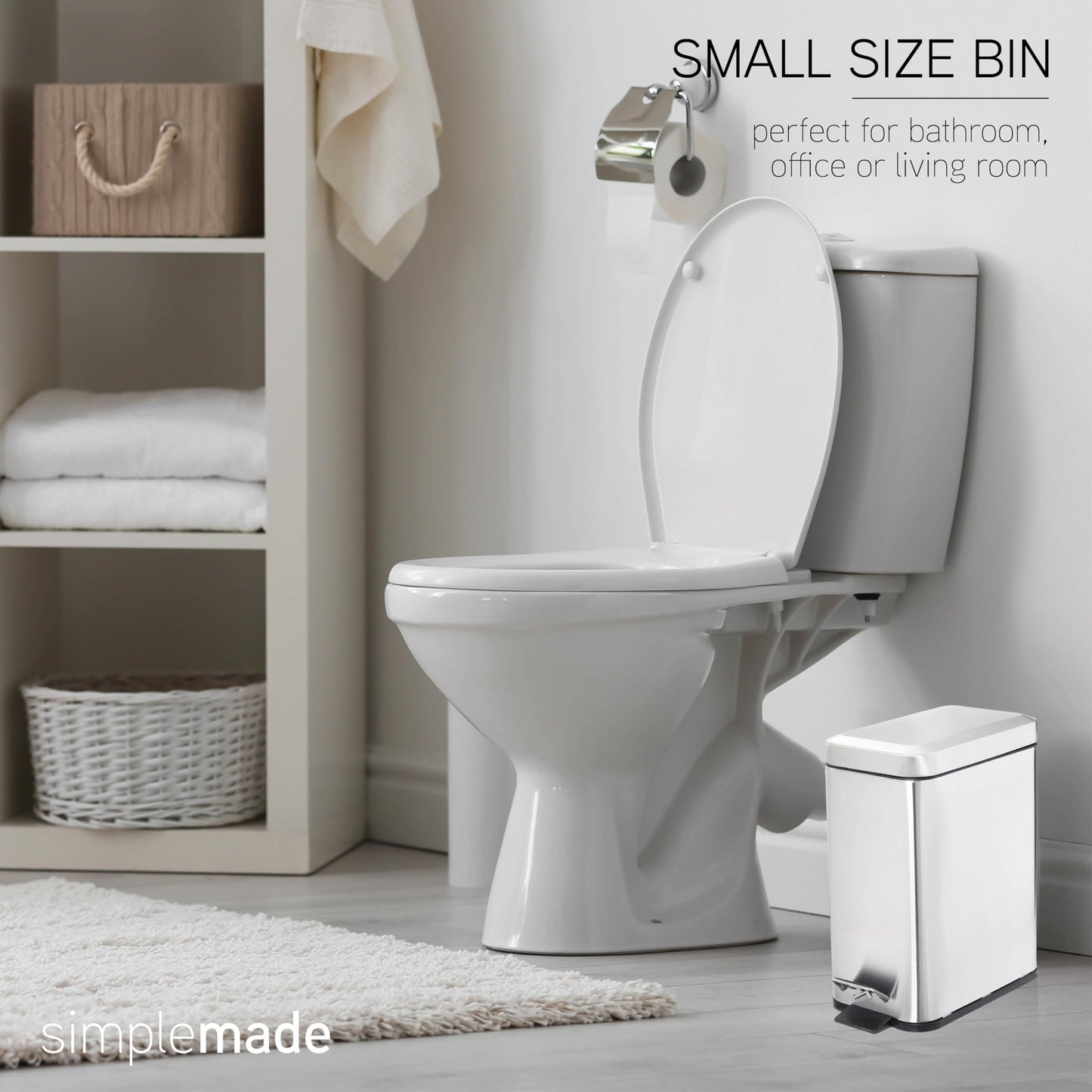 simplemade Rectangle Step Trash Can - 5 Liter / 1.3 Gallon - Stainless Steel Bathroom Trash Can | Small Trash Can with Lid | Office Trash Can | Garbage Can with Lid | Metal Wastebasket (Steel)