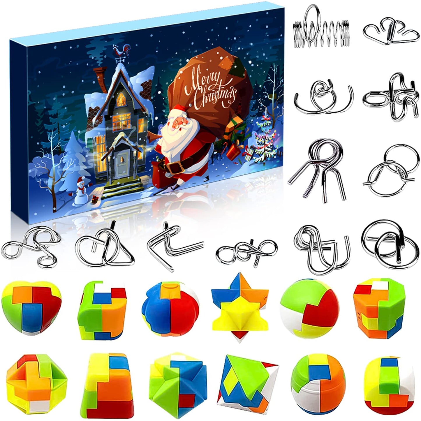Set of 24 Brain Teaser Puzzles Toys Metal Wire Puzzle Plastic Puzzle Advent Calendar 2023 Countdown Calendar Gift Box for Kids Adults Challenge