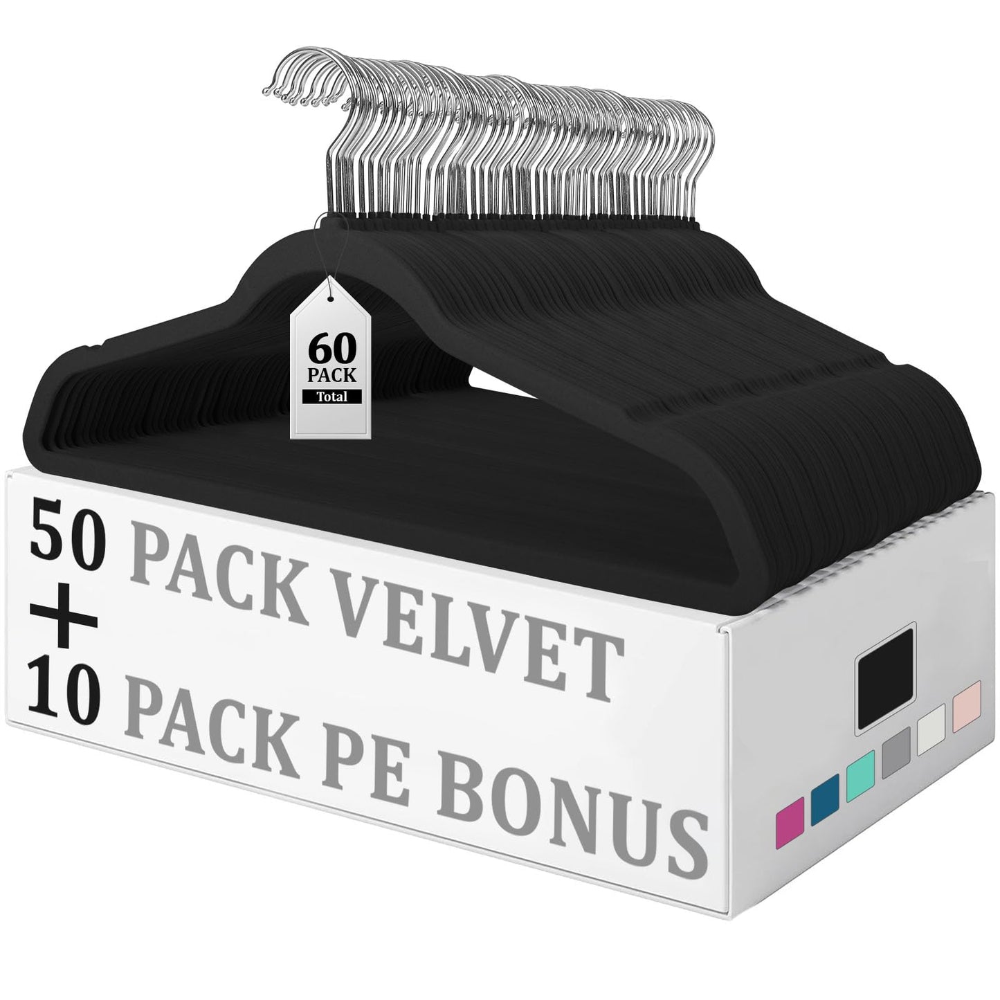 Flysums Premium Velvet Hangers 50 Pack with 10 Bonus Plastic Hangers, Heavy Duty Study Black Hangers for Coats, Pants & Dress - Non Slip Clothes Hanger Set - Space Saving Felt Hangers for Clothing