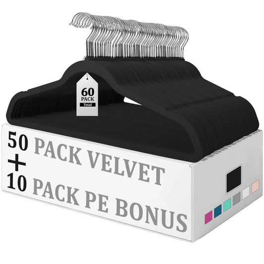 Flysums Premium Velvet Hangers 50 Pack with 10 Bonus Plastic Hangers, Heavy Duty Study Black Hangers for Coats, Pants & Dress - Non Slip Clothes Hanger Set - Space Saving Felt Hangers for Clothing