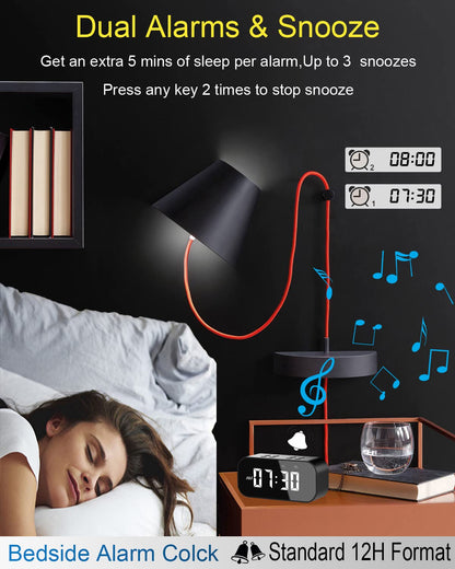 AFK Alarm Clock for Bedroom/Office,Digital Clock with Bluetooth Speaker,Small Alarm Clock for Heavy Sleepers Adults/Teens with Dual Alarms,Mirror LED Display,Hands-Free Calling.(12H Format)