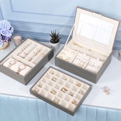Allinside Stackable Jewelry Tray Box Sets Organizer with Mirror Lid, PU Leather Jewelry Storage Display Case for Drawer Dresser, Jewelry Holder Trays for Earring Ring Necklace Watch, Set of 4, Gray