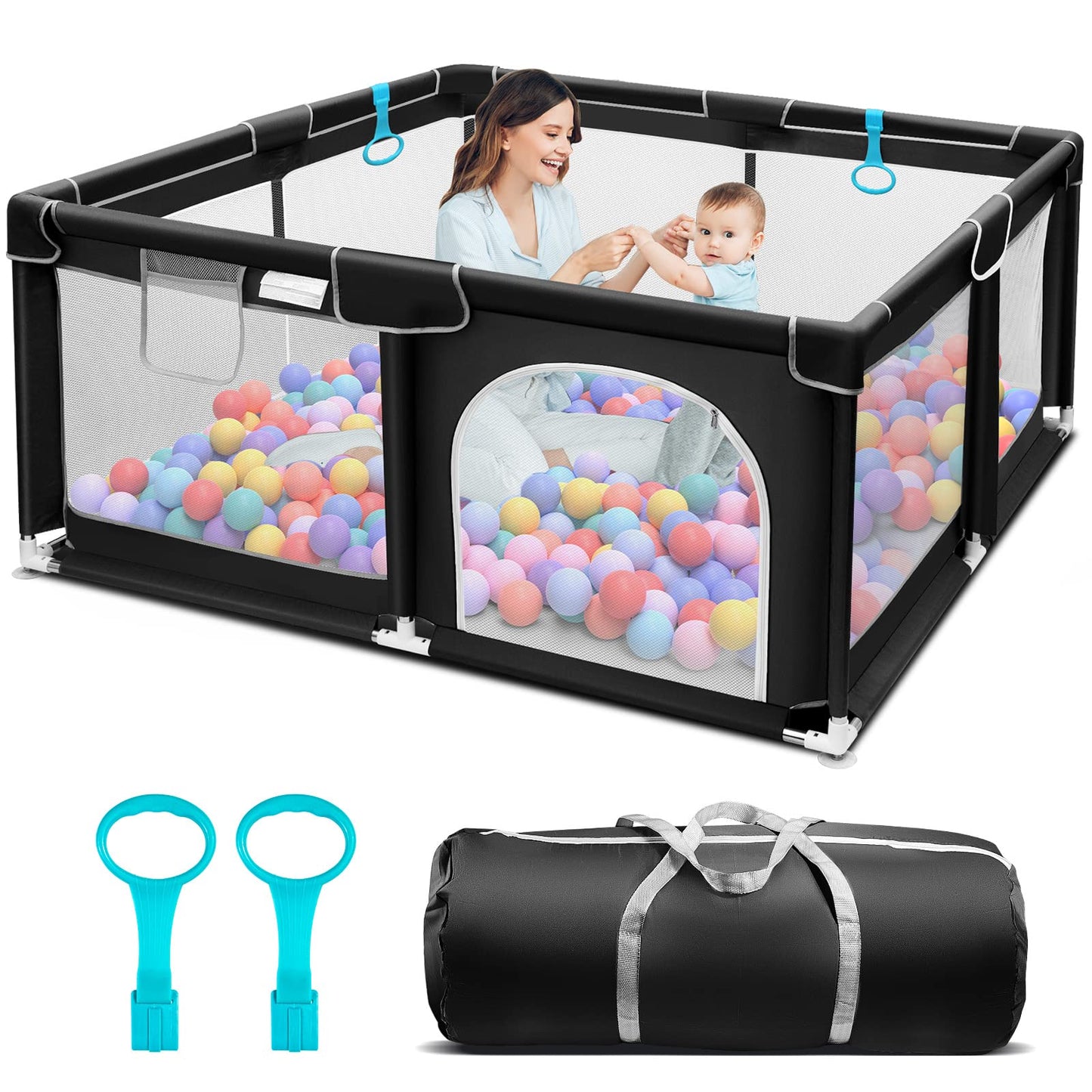 Suposeu Baby Playpen, Sturdy and Safety Playard with Soft Breathable Mesh, Indoor and Outdoor Baby Fence, Portable Playpen for Babies and Toddlers (50 Inch×50 Inch, Black)