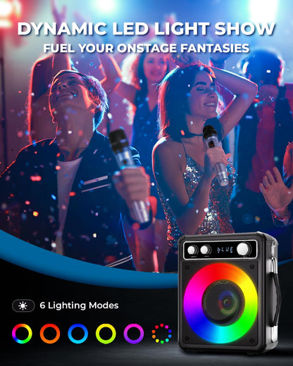 VOSOCO Karaoke Machine, Portable Bluetooth Speaker with 2 Wireless Microphones, PA System for Adults Kids with LED Lights, Supports TWS/REC/FM/AUX/USB/TF for Home Party