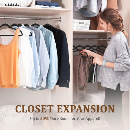 Flysums Premium Velvet Hangers 50 Pack with 10 Bonus Plastic Hangers, Heavy Duty Study Black Hangers for Coats, Pants & Dress - Non Slip Clothes Hanger Set - Space Saving Felt Hangers for Clothing