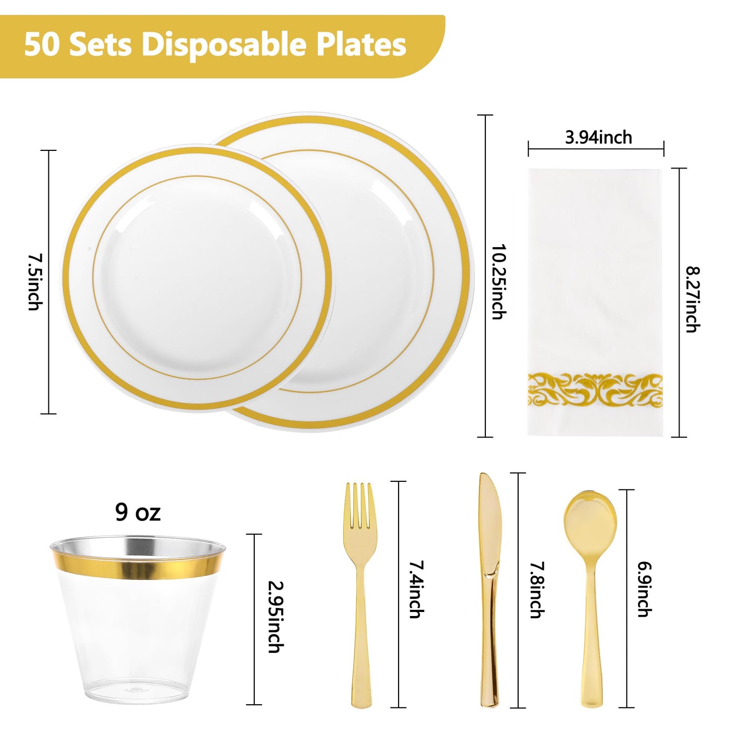 Oridom 350 Pieces Gold Disposable Plates Set for 50 Guests, Gold Rim Plastic Plates for Party, Include 50 Dinner Plates, 50 Dessert Plates, 50 Paper Napkins, 50 Cups, 50 Gold Silverware Set
