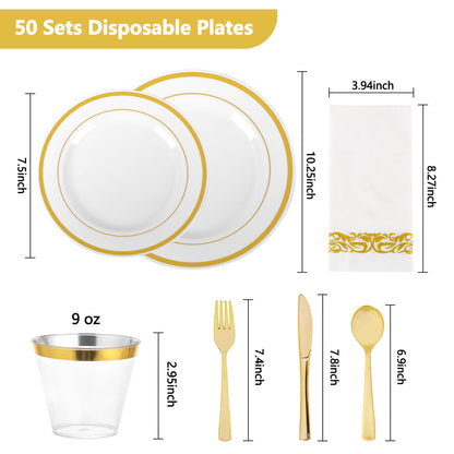 Oridom 350 Pieces Gold Disposable Plates Set for 50 Guests, Gold Rim Plastic Plates for Party, Include 50 Dinner Plates, 50 Dessert Plates, 50 Paper Napkins, 50 Cups, 50 Gold Silverware Set
