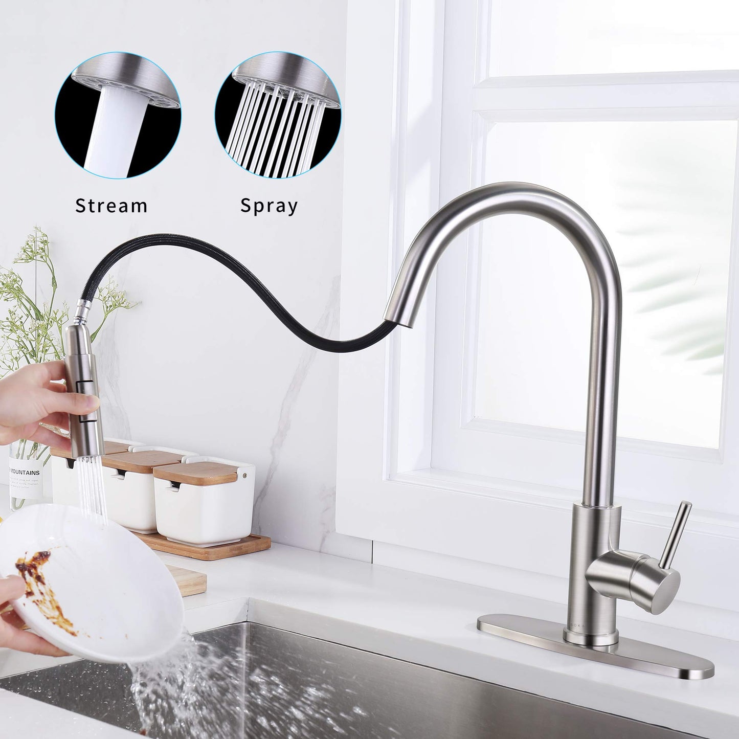 SOKA Commercial Kitchen Faucet with Pull Down Sprayer RV Touch Faucet for Kitchen Sink Singel Handle Travel Trailer Brushed Nickel Kitchen Faucet High Arc Fit for 1 & 3 Hole with Desk Plate