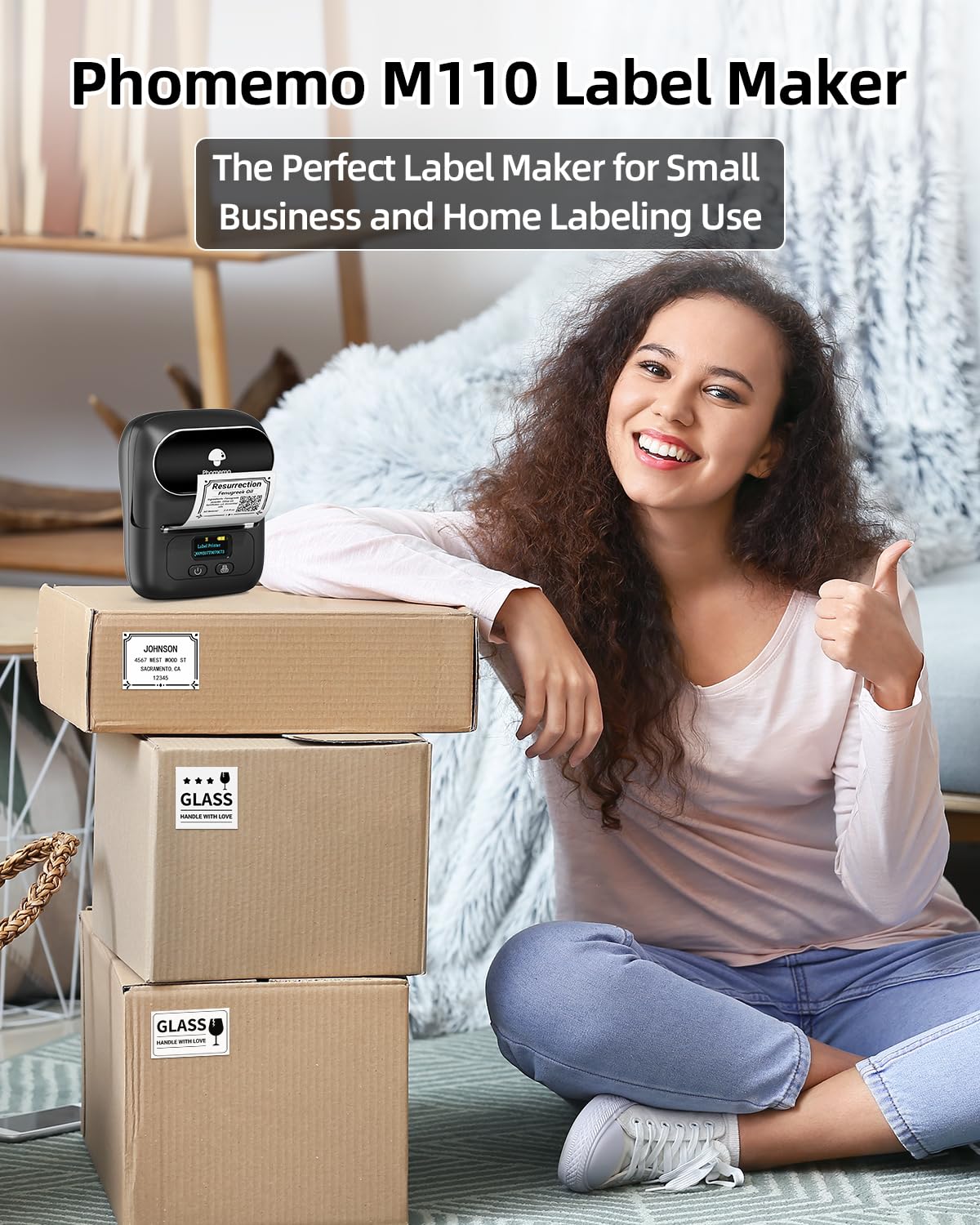 Phomemo M110 Label Makers - Barcode Label Printer Bluetooth Portable Thermal Printer for Small Business, Address, Logo, Clothing, Mailing, Sticker Printer for Phones & PC, Black