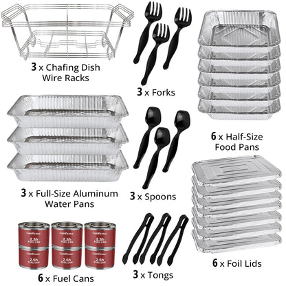 Disposable Chafing Dish Buffet Set, 33 Piece of Chafing Servers with Food Warmers, Covers, Half-Size Food Pans, Water Trays, Serving Utensils, Foil Lids and 2.5H Fuel Cans for Parties, Catering
