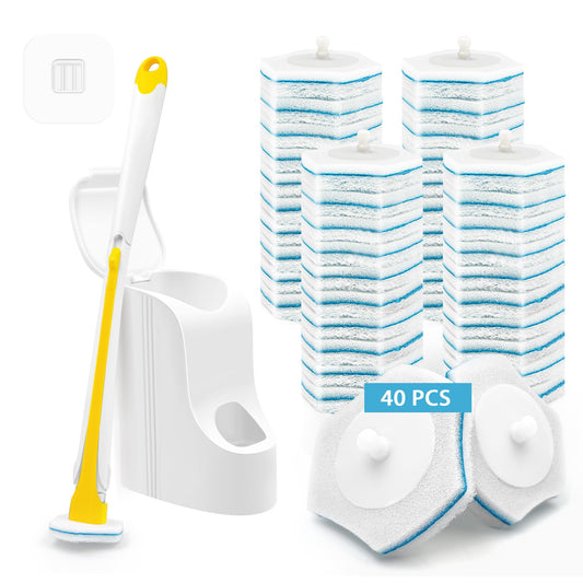 JEHONN Disposable Toilet Brush with 40PCS Wand Cleaner Refills, Wall Mounted Toilet Bowl Brush Holder Set, Bathroom Cleaning System for Sink Bathtub Wash Basin (Yellow)