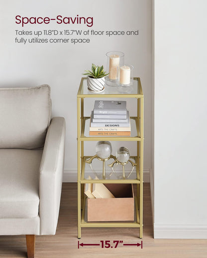 VASAGLE Bookcase, 4-Tier Bookshelf, Slim Shelving Unit for Bedroom, Bathroom, Home Office, Tempered Glass, Steel Frame, Metallic Gold ULGT28G