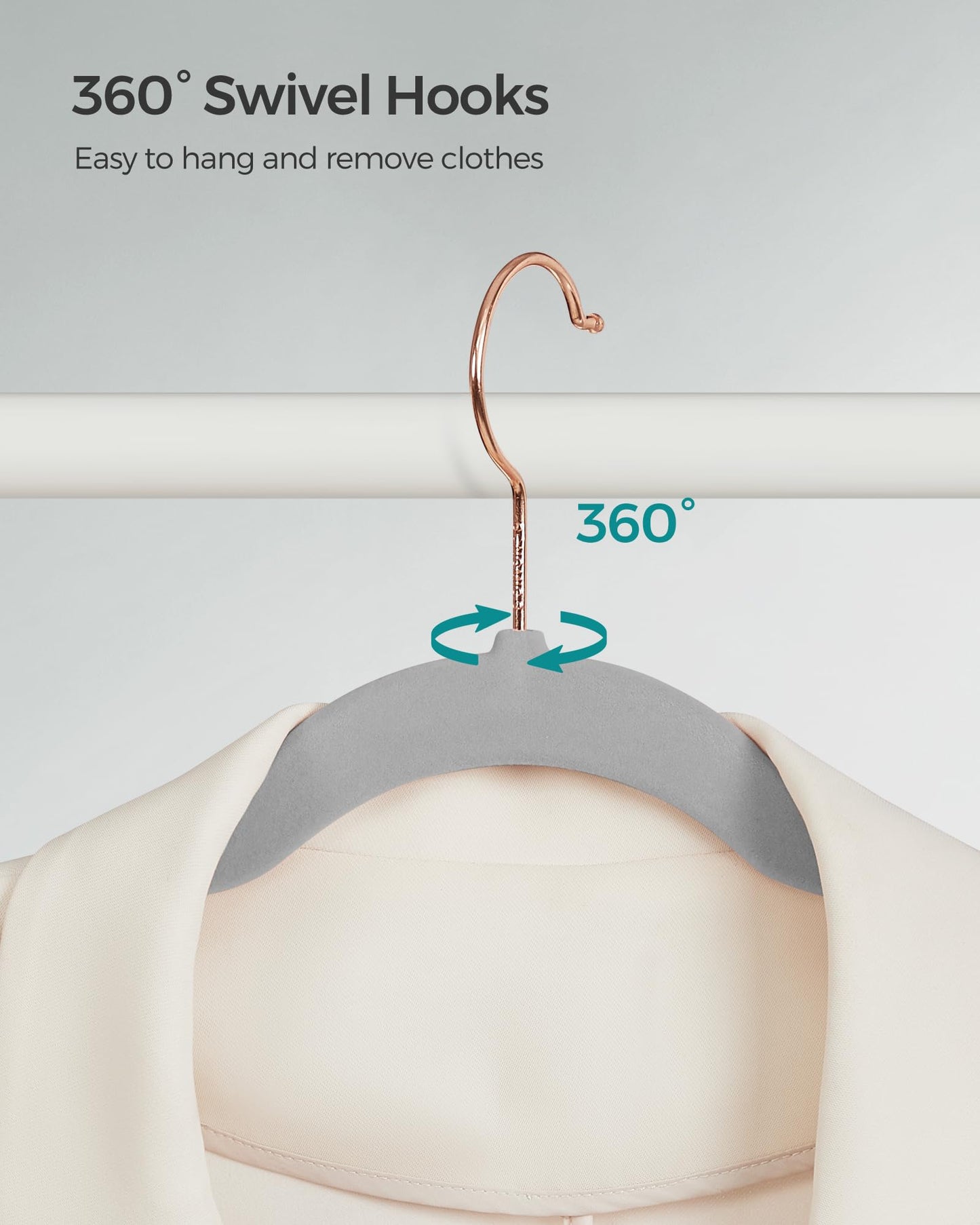 SONGMICS Velvet Hangers 30 Pack, Non-Slip Hangers with Rose Gold-Colored Swivel Hooks, Slim Space-Saving Hangers, Velvet Hangers for Closet, Heavy-Duty Hangers, Dove Gray UCRF026G30