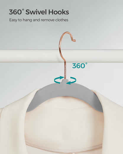 SONGMICS Velvet Hangers 30 Pack, Non-Slip Hangers with Rose Gold-Colored Swivel Hooks, Slim Space-Saving Hangers, Velvet Hangers for Closet, Heavy-Duty Hangers, Dove Gray UCRF026G30