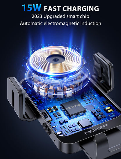 Wireless Car Charger, MOKPR 15W Fast Charging Auto-Clamping Car Charger Phone Mount Air Vent Cell Phone Holder Compatible iPhone 15/14/13/13 Pro/12 pro/12/11/X/8, Samsung Galaxy S23/S22/S21/S20, etc