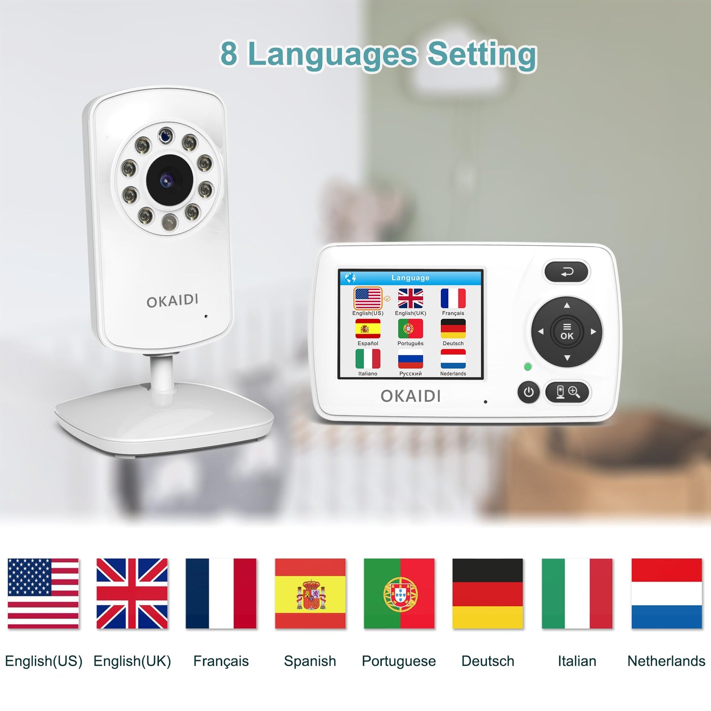 OKAIDI Video Baby Monitor with Camera and Audio, 2.4'' Portable Travel Screen, 1000ft Long Range Transmission, Baby Monitor No WiFi, Infrared Night Vision, VOX Mode, 20H Battery, Smart Alert