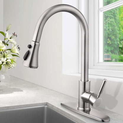 SOKA Commercial Kitchen Faucet with Pull Down Sprayer RV Touch Faucet for Kitchen Sink Singel Handle Travel Trailer Brushed Nickel Kitchen Faucet High Arc Fit for 1 & 3 Hole with Desk Plate