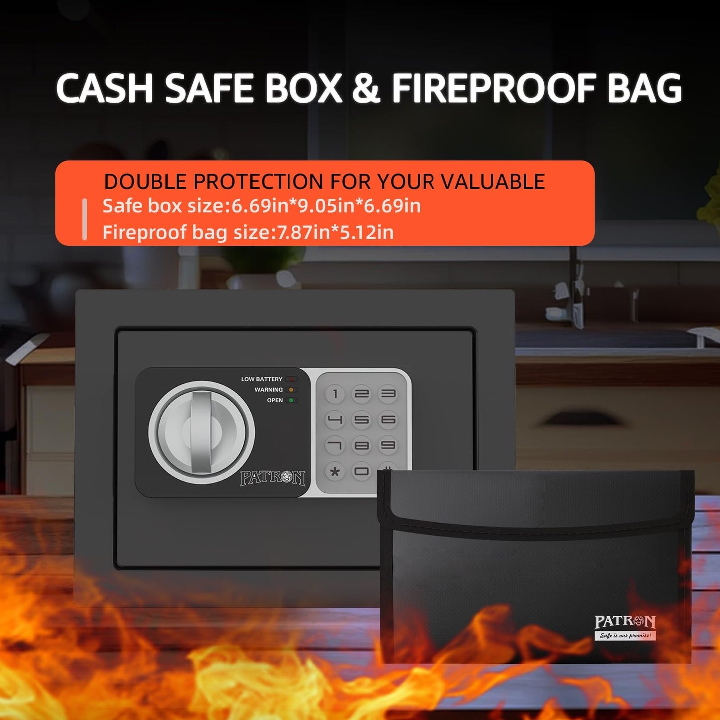 17NEF-FP PATRON Safe Box fireproof safe for home documents ，mini safe for money，coin safes with code，fire proof lock box for kids，Wall or Cabinet Safe for personal items，0.236 Cubic Feet Black