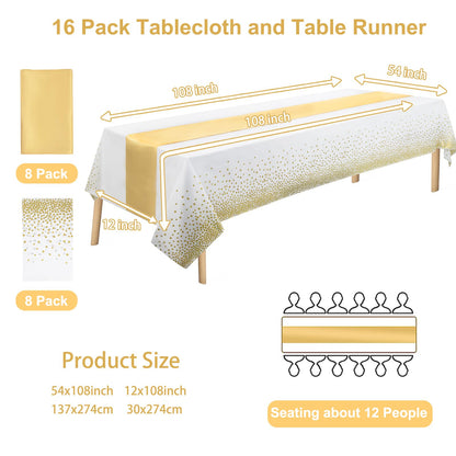 WDF 16Pack White and Gold Plastic Tablecloths Gold Table Runners - 54 x 108 Inch Gold Dot Rectangle Tablecloth 12 x 108 Inch for Parties/Wedding/Thanksgiving