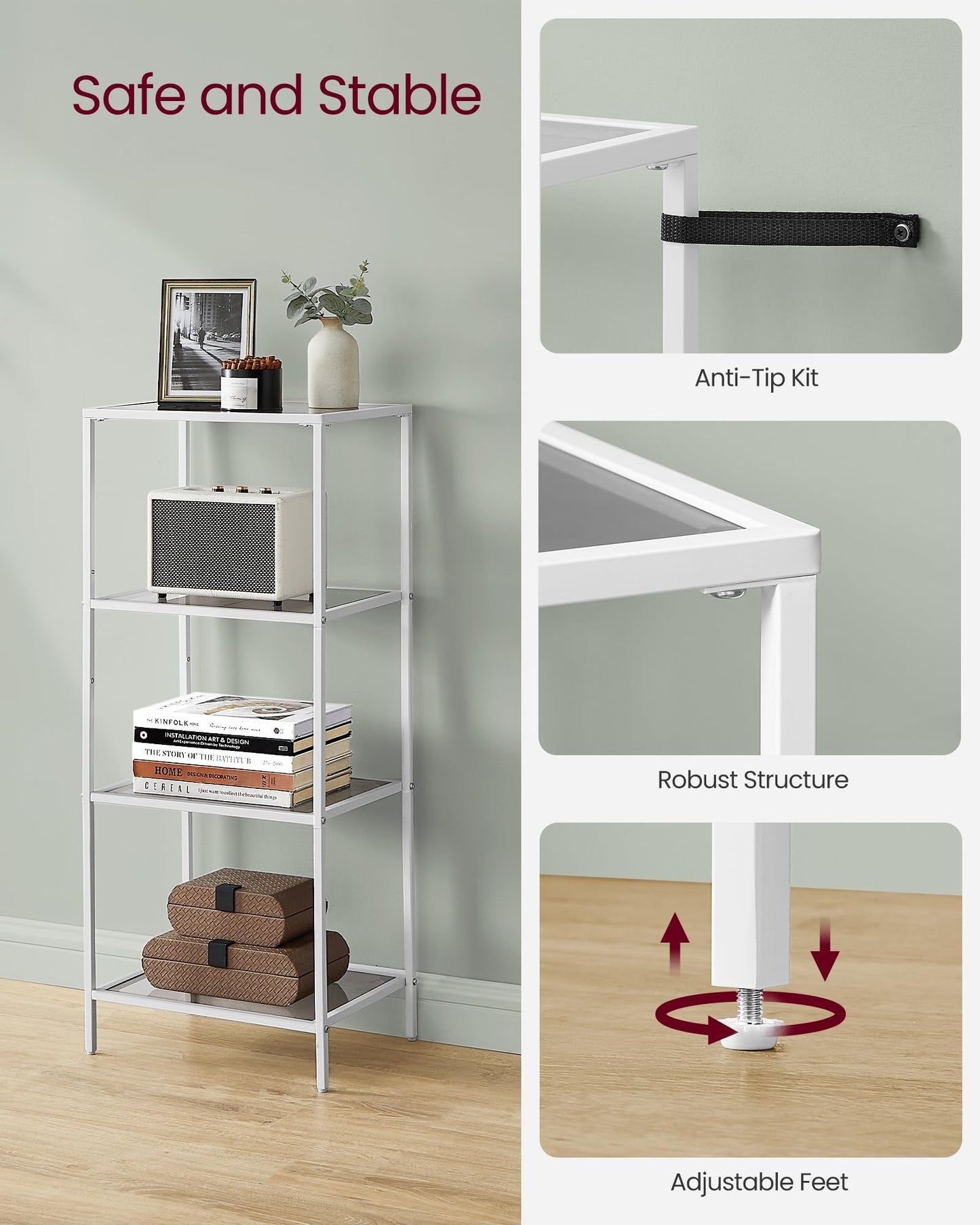 VASAGLE Bookcase, 4-Tier Bookshelf, Slim Shelving Unit for Bedroom, Bathroom, Home Office, Tempered Glass, Steel Frame, Pearl White and Slate Gray ULGT028W01