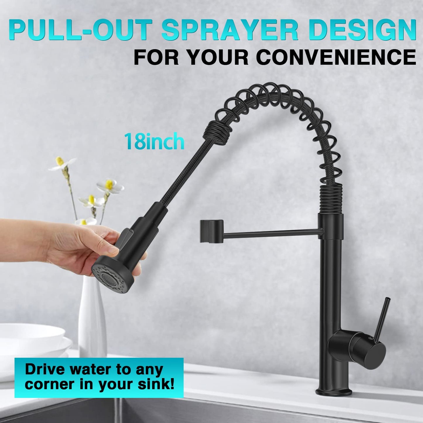 Stylish Kitchen Faucets with Pull Down Sprayer, Food Grade Material 304 Stainless Steel Single Handle Spring Kitchen Sink Faucet for Home,Commercial,rv Kitchen - Matte Black