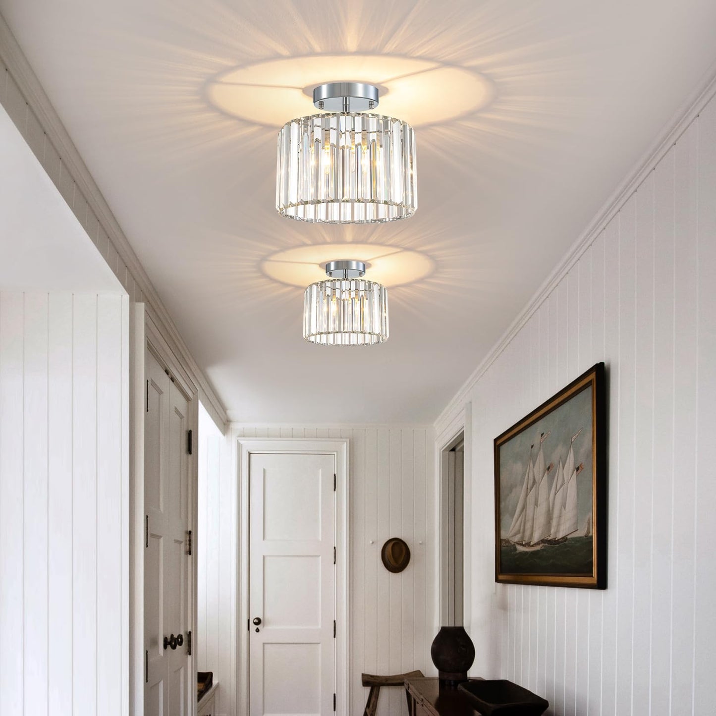 TSMKLEDAN Semi Flush Mount Ceiling Light, Modern Crystal Ceiling Light Fixture, 9.5 Inch Small Crystal Chandeliers for Living Room Hallway Bedroom Kitchen Porch Entryway with E26 Base, Silver