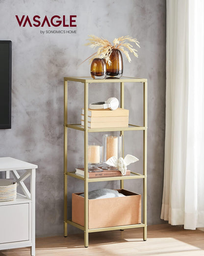 VASAGLE Bookcase, 4-Tier Bookshelf, Slim Shelving Unit for Bedroom, Bathroom, Home Office, Tempered Glass, Steel Frame, Metallic Gold ULGT28G