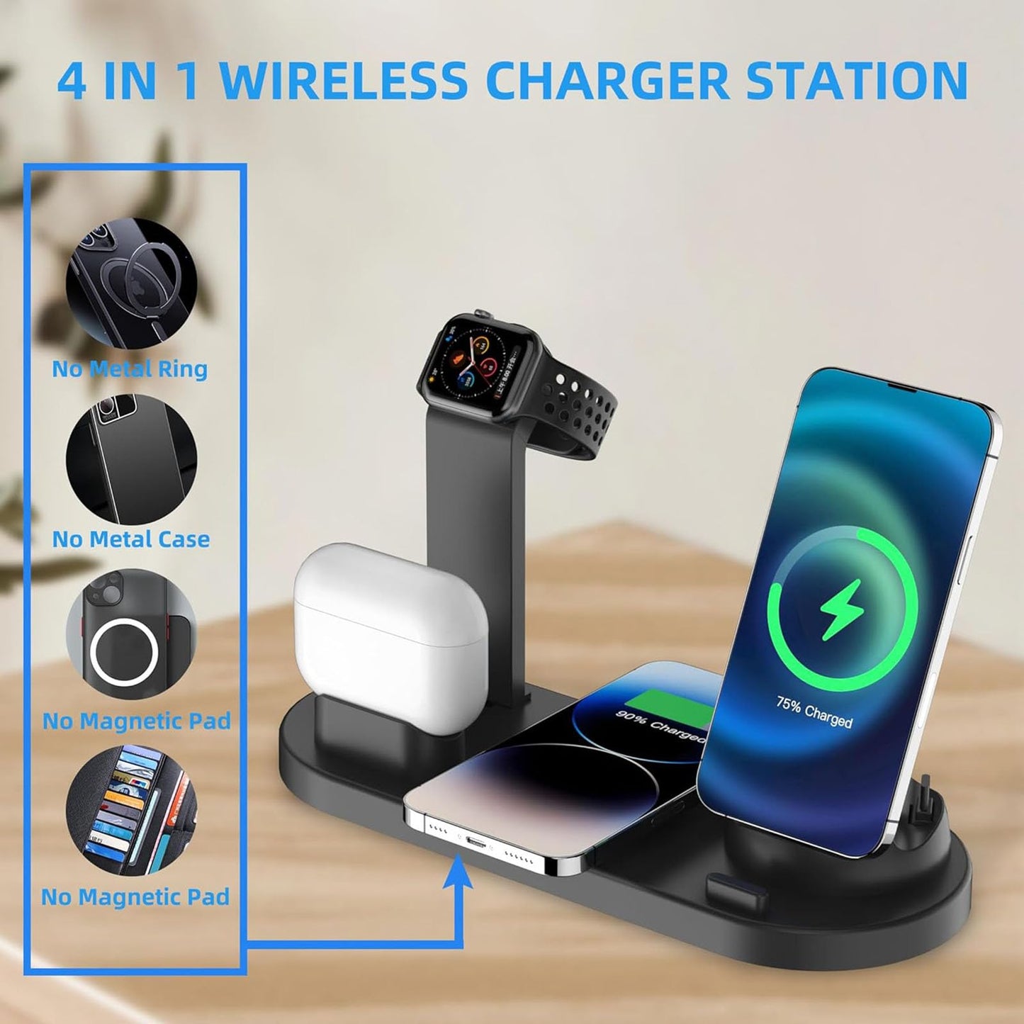 4 in 1 Wireless Charger for iPhone, Magnetic 4 in 1 Fast Charging Station Charger for Magsafe for iPhone 15/14/13 /Pro/Pro Max/12/11/X/Xr/XS/8, for AirPods, Apple Watch, Samsung, Google Pixel (Black)
