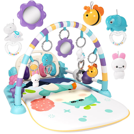 Jovow Baby Gym with Kick and Play Piano,Baby Play Mat Tummy Time Baby Activity Gym Mat with 5 Infant Learning Sensory for Baby, Music and Lights Boy or Girl Gifts for Newborn (Green)
