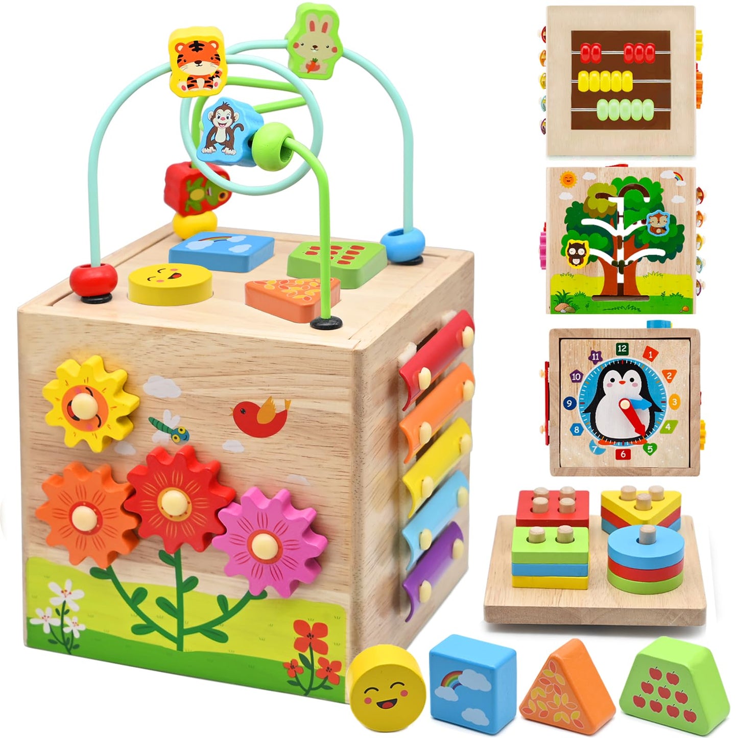 Resumplan 8-in-1 Baby Activity Cube – Premium Wooden Activity Cube Featuring Shape Sorting, Stacking Blocks, Xylophone, Wooden Montessori Toys for Baby, Educational Learning Toys for Toddlers
