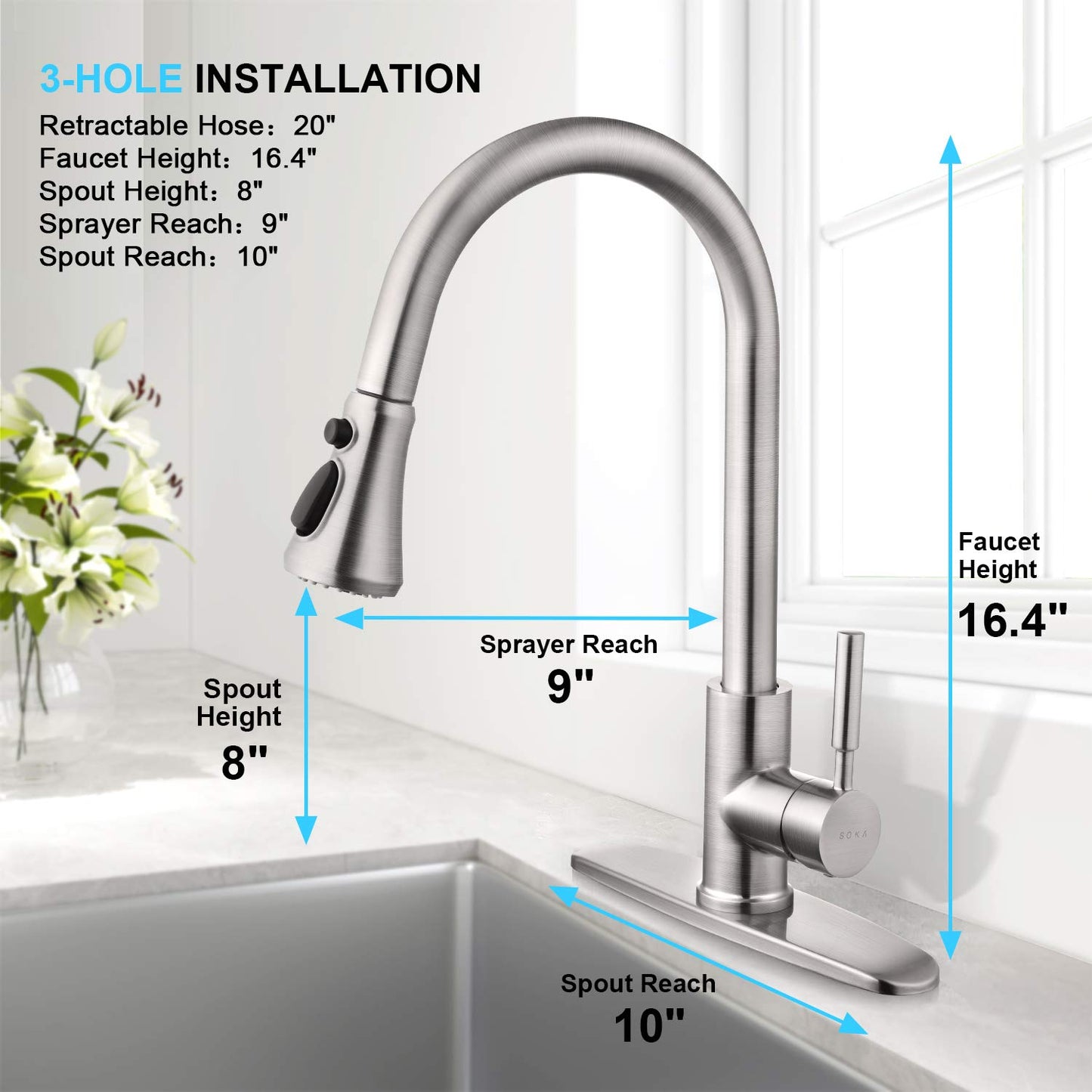 SOKA Commercial Kitchen Faucet with Pull Down Sprayer RV Touch Faucet for Kitchen Sink Singel Handle Travel Trailer Brushed Nickel Kitchen Faucet High Arc Fit for 1 & 3 Hole with Desk Plate