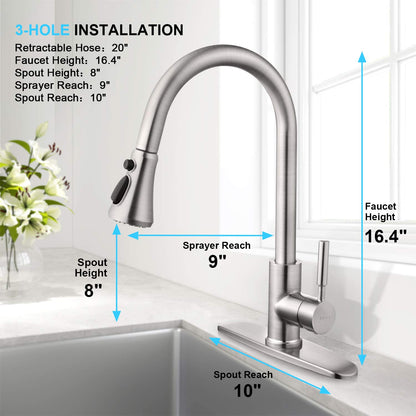 SOKA Commercial Kitchen Faucet with Pull Down Sprayer RV Touch Faucet for Kitchen Sink Singel Handle Travel Trailer Brushed Nickel Kitchen Faucet High Arc Fit for 1 & 3 Hole with Desk Plate