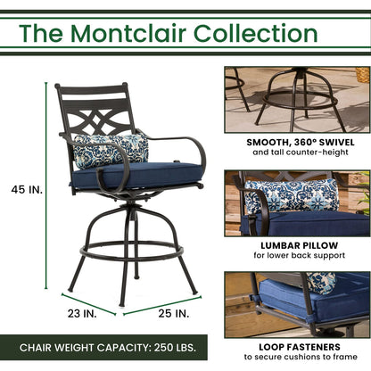 Hanover Montclair 9-Piece Outdoor Dining Set, 8 Swivel Counter-Height Chairs with Comfortable Seat and Lumbar Cushions, 60" Square Stamped Rectangle Table, All-Weather Outdoor Patio Dining Set for 8