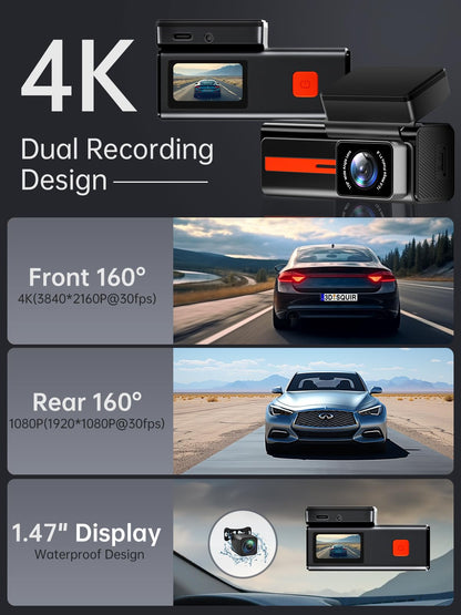 Dash Cam Front and Rear, Veement S80 4k+1080P Dual Dash Camera for Cars, WiFi Mini Car Camera,1.47” Display Dashcam,170°Wide, Night Vision,24H Parking Mode, G-Sensor,Loop Recording, Free 32G Card, App