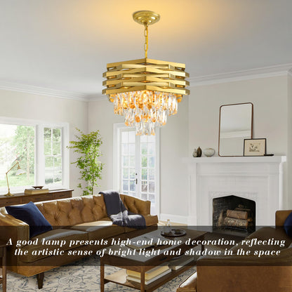 Gold Crystal Chandelier 15.7" Round Modern Crystal Chandeliers for Dining Room K9 3-Tiers Ceiling Pendant Light Fixtures Large Flush Mount Chandelier for Living Room Entryway Foyer Bedroom Kitchen