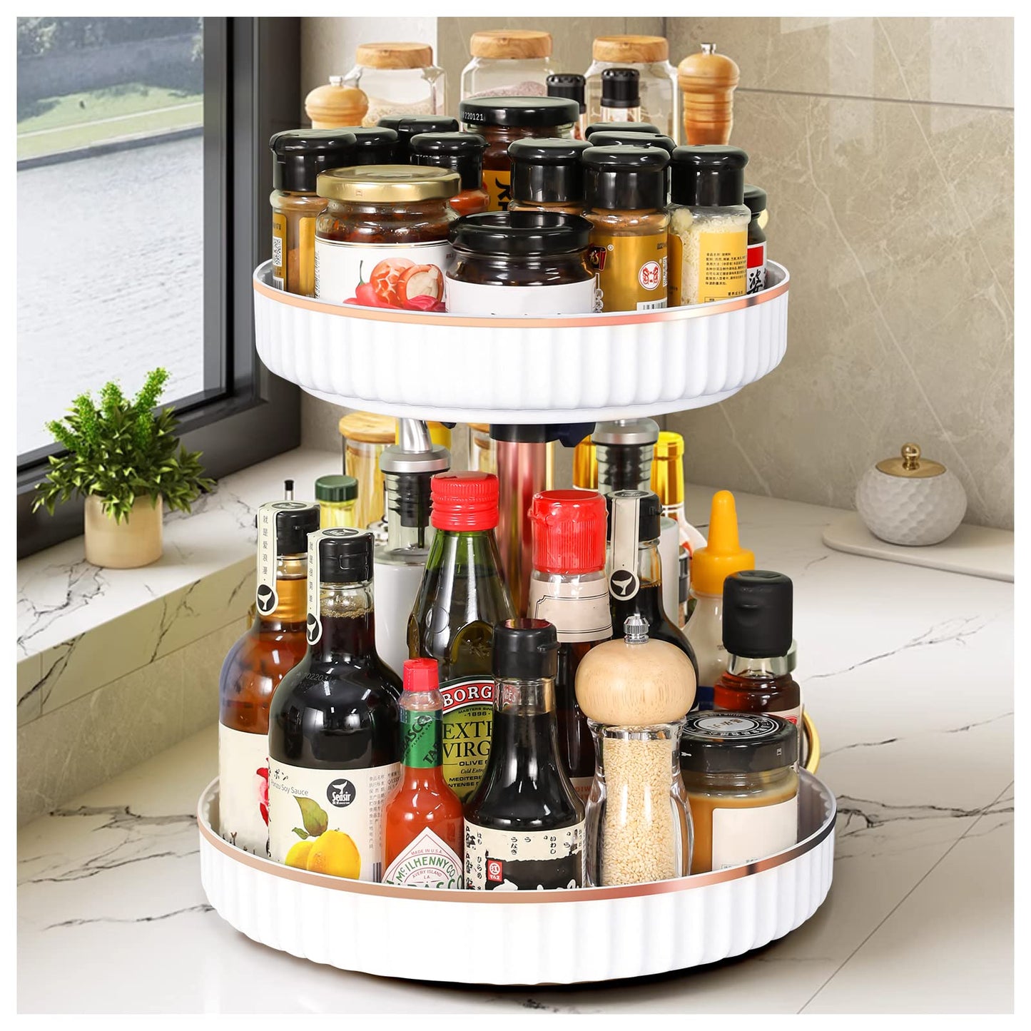2 Tier Lazy Susan Organizer, Spice Rack Organizer for Cabinet, Lazy Susan Spice Organizer Plastic Turntable, 360° Rotating Spice RackCountertop Organization and Storage, White(Diameter 10.23"-11.81")
