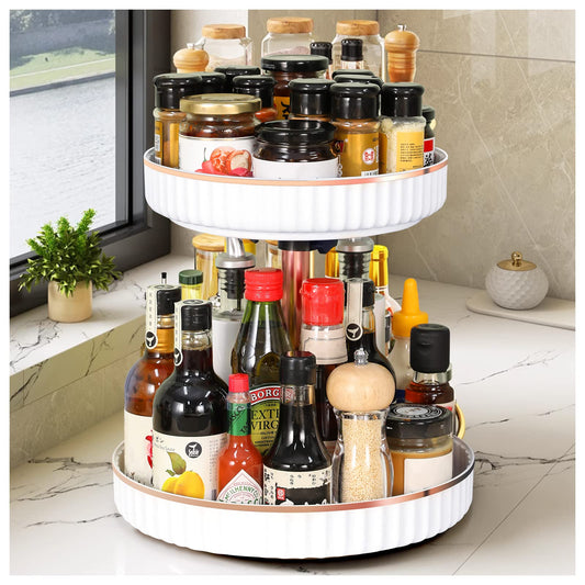2 Tier Lazy Susan Organizer, Spice Rack Organizer for Cabinet, Lazy Susan Spice Organizer Plastic Turntable, 360° Rotating Spice RackCountertop Organization and Storage, White(Diameter 10.23"-11.81")