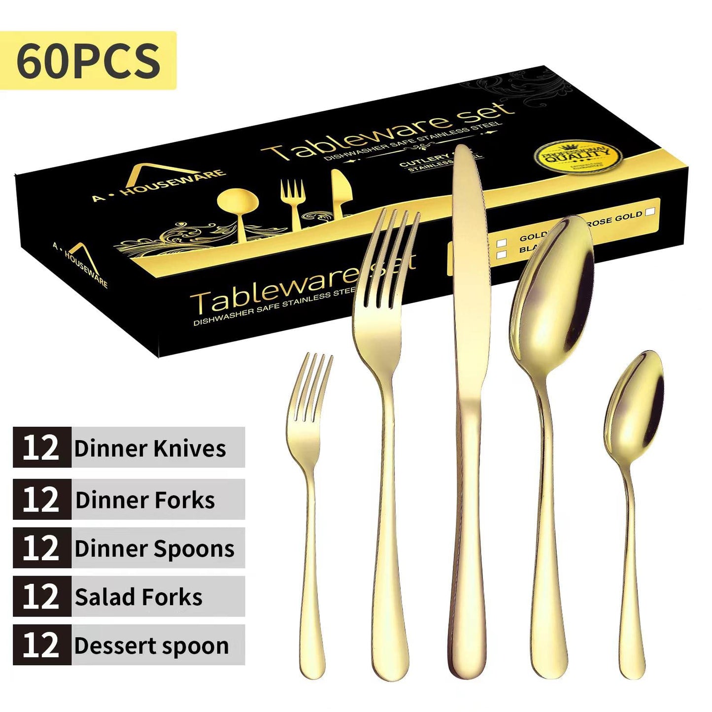 A · HOUSEWARE Gold Silverware Set 12 Stainless Steel Flatware Set 60 Piece Spoon Fork Knives Round Wide Handle Proper Weight Dishwasher Safe Gatherings Festival Parties